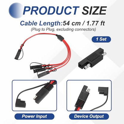 MECCANIXITY SAE Y Splitter Cable, 12AWG Extension Cord Splitter 1 to 3 SAE Connector Extension Cable 1.8 ft with Waterproof Caps & Polarity Reverse Adapter for Solar Panel Battery Charger - size: 12AWG, 1.8 ft
