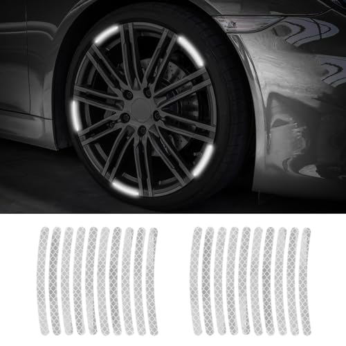 20PCS Reflective Car Wheel Decorative Stripe Stickers, Night Safety Warning Tape Sticker, Anti-Scratch Tire Rims Sticker, Universal Fluorescent Auto Decals for Motocycle Bike (White) - color: White