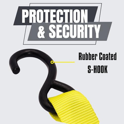 Ratchet Tie Down Straps, 1.5 inch x 12ft, 4400 LBS Break Strength for ATV, UTV, Motorcycle, Pickup Truck, Trailer, Rubber Coatded S-Hook and Soft Loop-4 Pack - color: Yellow