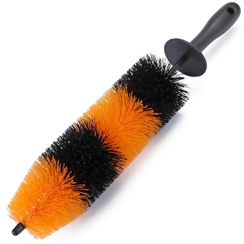 TAKAVU Master Wheel & Tire Brush, Easy Reach Wheel and Rim Detailing Brush Long Soft Bristle, Car Tire Brush, Wheel Scrub Brush, Multipurpose use for Wheels Rims Exhaust Tips Motorcycles (Orange) - color: Orange & Black