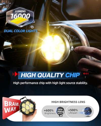 BraveWAY 4.5 Inch Motorcycle Auxiliary Lights 140W 16500LM LED Fog Lights Strobe Flash Mode White/Amber Combo Beam LED Spot Light with Mount Brackets for Motorcycle Car Truck UTV Off-Road ATV Boat - size: 4.5INCH-7-D