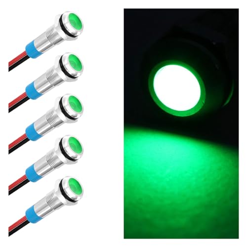 5PCS 6MM 1/4" LED Indicator Light, AC/DC 12-24V Waterproof IP66 Metal Signal Lamp, Metal Indicator with 145mm Wire, Automotive LED Indicator Light for Cars Trucks Boats (Green) - color: Green