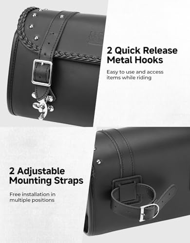 KEMIMOTO Motorcycle Fork Tool Bag 4-5L Expandable with Metal Quick-release Hook, PU Leather Adjustable Capacity Universal Saddlebag for Front Fork Handlebar Sissybar Storage Pouch Motorcycle Roll Bag - style: Metal Quick Release