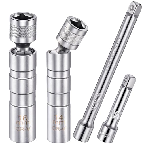 14mm & 16mm Magnetic Swivel Spark Plug Socket Set with 3 Inch & 6 Inch 3/8" Drive Extension Rods, Automotive Spark Plug Remover Installer Kit, Compatible with Most Vehicles, Car Repair Tool Combo - size: 4 Packs
