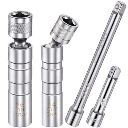 14mm & 16mm Magnetic Swivel Spark Plug Socket Set with 3 Inch & 6 Inch 3/8" Drive Extension Rods, Automotive Spark Plug Remover Installer Kit, Compatible with Most Vehicles, Car Repair Tool Combo - size: 4 Packs