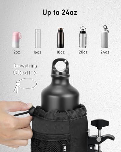 Belinous Motorcycle Cup Holder with 0.75"-1.5" Alligator Clamp, Drink Holder up to 24oz with Mesh Pockets, Universal Water Bottle Holder for Motorcycle, Bicycle, ATV, Wheelchair, e-Bike, Boat (Black) - size: Medium