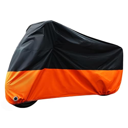 Motorcycle Cover Waterproof Outdoor Made of Heavy Duty Material, Fits up to 104" Harley Davison and All Motors with Lock-Holes & Storage Bag Professional Windproof Strap (Black+Orange, 104") - color: Black+Orange