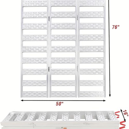 ACEKOOL 76"x 50" Heavy-Duty Aluminum Ramps with Load Straps, 1500 Lbs Tri-Fold Loading Ramps, Universal Stable Loading Ramp for Lawn Mower, ATVs, UTVs, Motorcycles, Silver