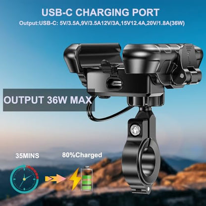 iMESTOU Aluminum Motorcycle USB Phone Mount Charger with USB C Fast Charge Port Compatible with 5.4"-7.2" Phones Up to 15mm Thickness, Fits for 12mm-32mm Handlebars, Works with 12-24V Motorcycles