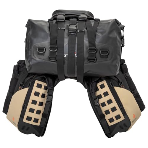 TUSK Highland X2 Rackless Luggage System w/Medium Dry Duffel/Large Bottle Holders Standard Heat Shield Black/Tan