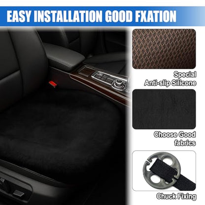 Sheepskin Car Seat Cushion, Thin Soft Faux Fur Auto Seat Cover, Breathable Comfort Seat Protector Pad, Fluffy Non-Slip Winter Driver Seat Cover for Car, Truck, Office, Home Decoration (Black)