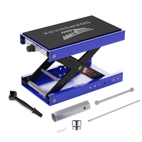 Aluminum Motorcycle Scissor Lift Jack, 1,100LBS Heavy Duty Dirt Bike Stand with Upgraded M16 Screw & Double Reinforcement Shafts, Non-Slip Rubber Pad Saddle for ATV Cruiser (Blue) - color: Blue