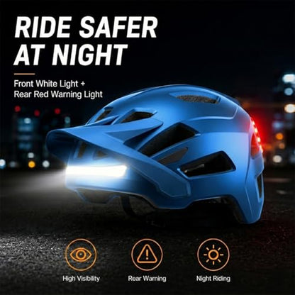 Bike Helmet, Helmets for Adults Men, Front and Back LED Lights Safe Certified MTB Road Bicycle Helmet with Adjustable Brim - color: Metal Blue, size: L (59-61cm)