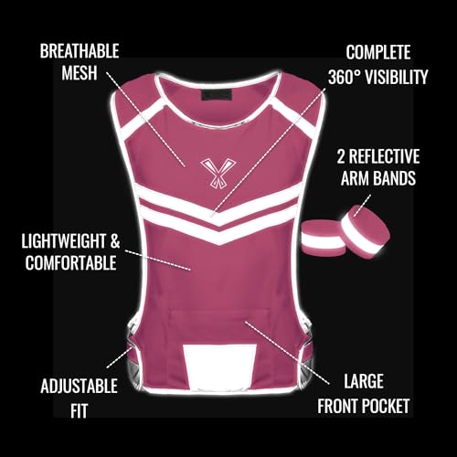 Reflective Running Vest with Pocket & 2 Bands with High visibility for Night Running, Walking & Cycling - color: Pink, size: X-Large