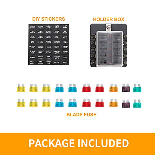BUNKER INDUST 10-Way Fuse Box Blade Fuse Block Holder with LED Indicator for Blown Fuse Waterpoof Protection Cover for Car Boat Marine Automotive,Include 20Pcs Blade Fuses and 1Pcs DIY Sticker - color: 1Pcs 10-Way Blade Fuse Box