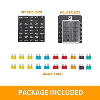 BUNKER INDUST 10-Way Fuse Box Blade Fuse Block Holder with LED Indicator for Blown Fuse Waterpoof Protection Cover for Car Boat Marine Automotive,Include 20Pcs Blade Fuses and 1Pcs DIY Sticker - color: 1Pcs 10-Way Blade Fuse Box
