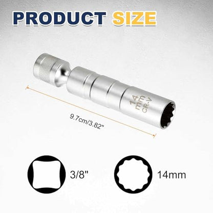 HARFINGTON 2pcs Spark Plug Socket Set 3/8" Drive 14mm Swivel Magnetic 12 Point Thin Wall Spark Plug Socket with 360 Degree Swivel CR-V Steel, Silver - size: 14mm