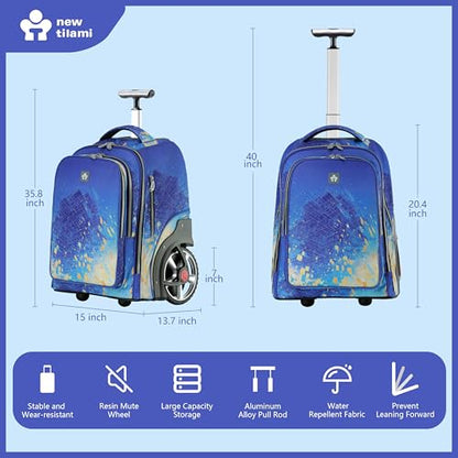 NEW TILAMI 20" Rolling Backpack for Teens Adults, Climbing Stairs Waterproof Backpack with Wheels for School Business Trave Camping with Laptop Compartment, Fit 17 Inch Laptop, Chill Blue Print - color: Chill Blue Print
