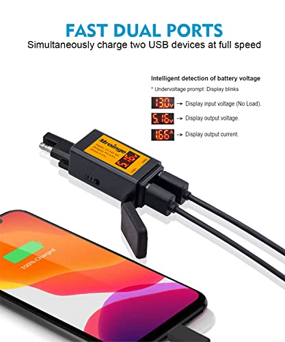 Motorcycle USB Charger, Mroinge 4.8A SAE to USB Adapter with Voltmeter & Ammeter, Quick Disconnect Plug with Dual USB Charger Perfect for Smart Device Charging, with ON/Off Switch - size: 4.8A @ 5V