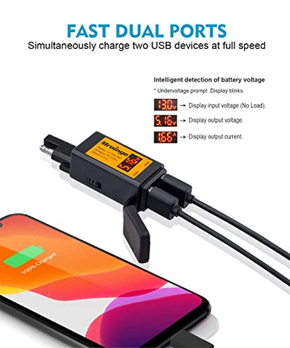 Motorcycle USB Charger, Mroinge 4.8A SAE to USB Adapter with Voltmeter & Ammeter, Quick Disconnect Plug with Dual USB Charger Perfect for Smart Device Charging, with ON/Off Switch - size: 4.8A @ 5V