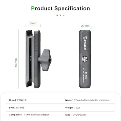 FANAUE Aluminum 17mm Ball Head Double Socket Arm Only Supports Connects of 0.67" Ball Head Adapter Compatible with RAM Mount 17mm Ball and Bike Motorcycle Phone Holder, Middle Arm Length is 3.7 Inch.