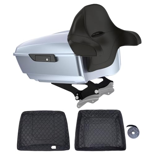 Moto Onfire King Tour Trunk Pack For 2009+ Harley Touring - Atlas Silver Metallic, Black Detachable Mounting Rack, Backrest & Black Trunk Liners - color: Atlas Silver Metallic, size: King Tour Trunk Pack, Mount Rack & Black Liners