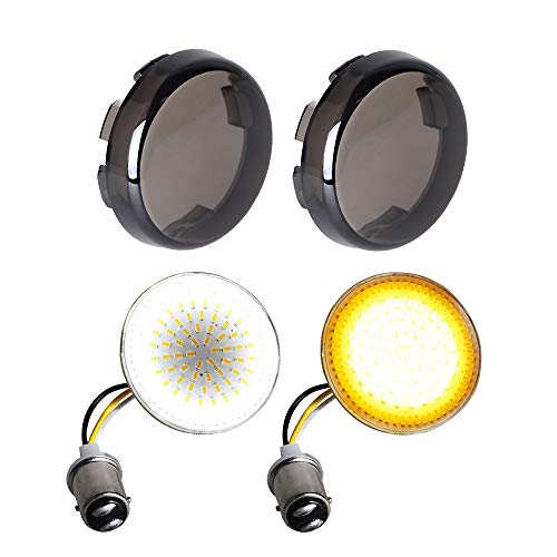 NTHREEAUTO 1157 LED Front Turn Signals 2 Inch Bullet Smoked Lens Cover Compatible with Harley Dyna Sportster Road King Street Glide Softail Iron 883, 2nd Gen SMD Bulbs - color: Amber/White (Halo SMD)