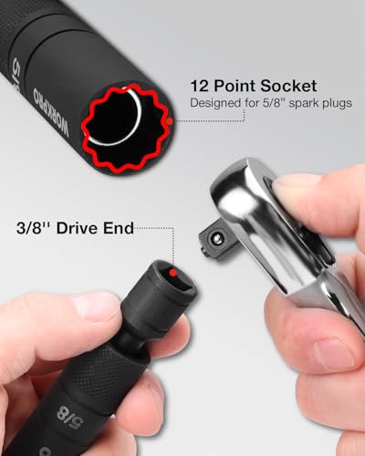 WORKPRO 5/8" Swivel Magnetic Spark Plug Socket - 12-Point, 1mm Thin Wall, 360 Swivel, 3/8" Drive x 8", Black Phosphate Finish, Anti-Slip Knurled Grip - size: 5/8"×3/8"×8"