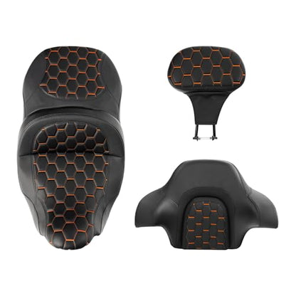 C.C. RIDER Driver Passenger Hammock Seat+ Rider Backrest+ King/Chopped Trunk Backrest Fit For Harley Touring 2014-2023 Street Glide Road Glide Road King Electra Glide - color: 16# Orange Seat+ Driver Backrest+ Trunk Backrest