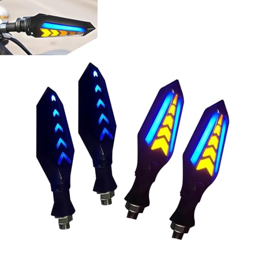 4 PCS Motorcycle Turn Signals, LED Arrow Flowing Shape Blinkers, 12V Double Color Turn Indicators, Universal for Most Motorcycles (Blue) - color: Blue & Yellow