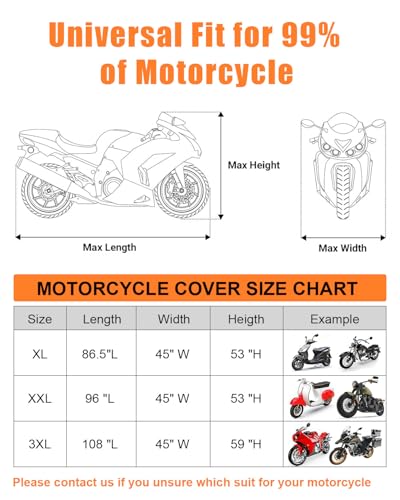 Full Enclosed Motorcycle Cover Waterproof Outdoor/Indoor Storage Waterproof Motorcycle Cover Heavy Duty with Reflective Strips Fits Scooter/Touring Motorcycles Length up to 108"（Black+Sliver） - size: 3.(3XL)108L" x 45"W x 59"H
