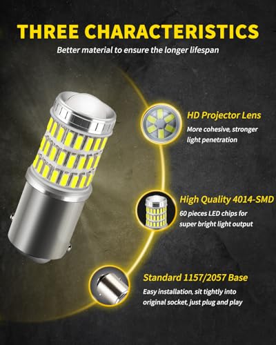 AUXLIGHT 2057 1157 2357 7528 2057A 1157A LED Bulbs Xenon White, Ultra Bright 60-SMD LED Replacement for Back Up/Reverse Lights, Brake/Tail Lights, Turn Signal/Parking or Running Lights (Pack of 2) - color: Xenon White