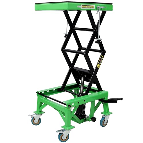 Hydraulic Motorcycle Scissor Jack Lift - Heavy Duty Scissor Jack Up to 350 lbs Capacity with Foot-Operated Wide Deck & 4 Wheels & Safety Locks and J-Hook for ATV Motorcycle Bike Dirt Bikes, Green - color: GREEN