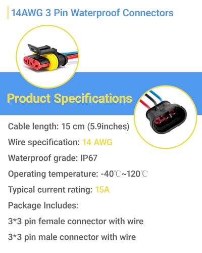 14 AWG 3 Pin Waterproof Connector, 3 Wire Automotive Waterproof Electrical Connectors, 14 Gauge Male and Female Way Connectors Harness 12V Quick Connect for Car Truck Boat Motorcycle -3 Pack - size: 3 Pin