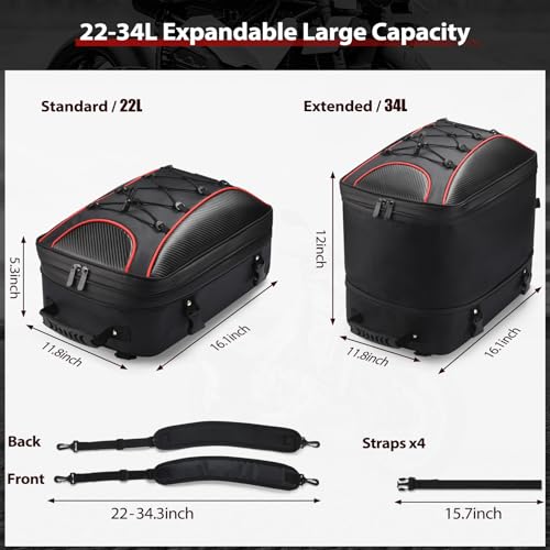 ZZM Expandable Motorcycle Tail Bag, 22L-34L Waterproof Motorcycle Rear Seat Bag with Rain Cover, Dual Use Helmet Bags Storage Backpack for Motorbike Weekender Travel (Jet Black)