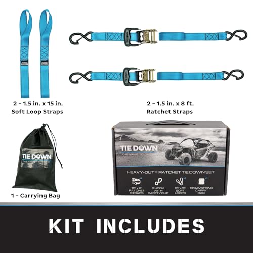 Tie Down 1.5 inch x 8 ft Blue Heavy Duty Ratchet Strap, 2-Pack Kit - 5208 lbs. Breaking Load Limit - color: Blue, size: 2-Pack