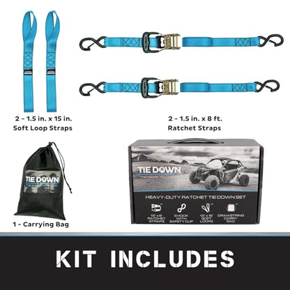 Tie Down 1.5 inch x 8 ft Blue Heavy Duty Ratchet Strap, 2-Pack Kit - 5208 lbs. Breaking Load Limit - color: Blue, size: 2-Pack