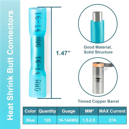 120PCS Heat Shrink Butt Connectors, Insulated Waterproof Butt Connectors 16-14 AWG for Wiring, Marine, Automotive (Blue) - size: 16-14 AWG (120 pcs)