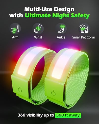 Topward LED Armband 2 Pack, Light up Reflective Arm Bands Glow Bracelets, Running Lights for Runners Dog Walking - 5 Colors 11 Light Modes - Adjustable Velcro - Rechargeable - color: Green