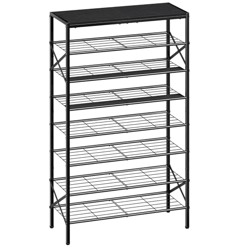 8-Tier Tall Shoe Rack Organizer Shoe Storage for Entryway 24-32 Pairs Metal Shoe Rack for Closet Heavy-Duty Shoe Rack with Wooden Top Shelf for Garage Black - color: Black, size: 8-tier