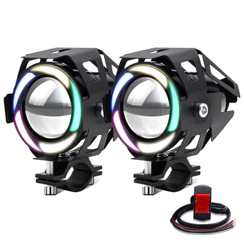 Motorcycle LED Driving Fog Lights, Motorcycle Driving Lights Led, Motorbike Auxiliary Spot Lights with Colorful Halo Ring and Switch12V/24V 2Pcs - color: Rainbow colors