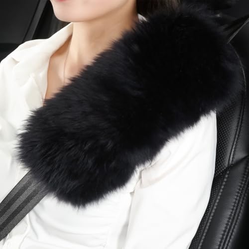 OGLAND Genuine Sheepskin Car Seat Belt Cover Pad-Soft Fuzzy Fluffy Seatbelt Covers-Comfy Shoulder Pad Neck Cushion Protector for Woman, Man, Girl Car Accessories (Long Wool Black) - color: Long Wool Black