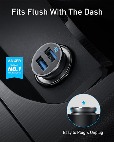 Anker 320 Car Charger (24W II), Mini Aluminum Alloy Dual USB with Blue LED for iPhone 16 15 14 13 12 Series, iPad Pro/Air 2/Mini, Galaxy and More - Not Compatible with Quick Charge (Black)