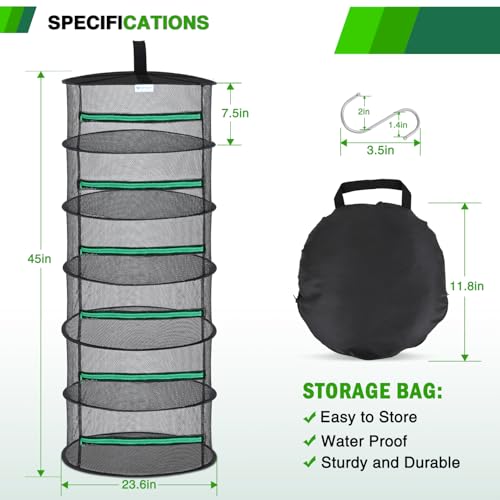 Yesker 6 Layer Herb Drying Rack Hanging Mesh Net Foldable Plant Drying Racks 24" Diameter with Green Zipper & Hook Dryer Hanging Rack for Herbs Seed Bud Fruit Clothes Grow Tent Closets Garden Outdoor - size: 6 Layers Fluorescent Green & Black with Hook