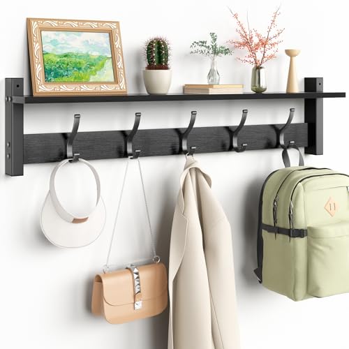 Optish Coat Rack Wall Mount with Shelf, 29 Inch Coat Hanger Walls Mounted, Hat Rack for Walls, Shelf with 5 Coat Hooks, Wall Hanger for Entryway (Black) - color: Black, size: 29 Inch