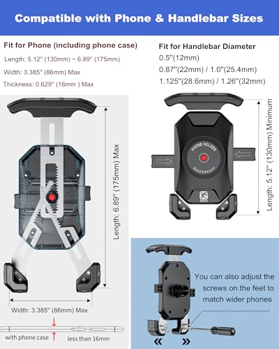 BRCOVAN Bike Motorcycle Phone Mount Holder, 1s Locking | with Solid Aluminum Alloy Mounting Base, Handlebar Cell phone Clip for Bicycle ATV Scooter, Fit 4-7'' Smartphone