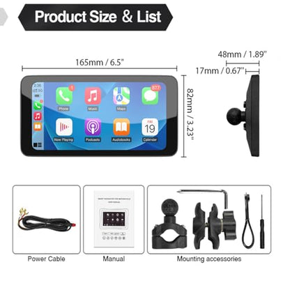 Motorcycle CarPlay & Android Auto, 6.5 Inch Wireless Carplay Screen with GPS Navigation, IP67 Waterproof Touchscreen, Bluetooth, Portable Screen for Motorbike, Dual Bluetooth, Siri, G-Assist - size: 6.5 inch
