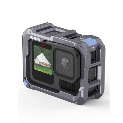 TELESIN Upgraded Aluminum Alloy Cage Frame Housing for Go Pro 13 12 11 10 9 Black, Supports Go Pro 13 Quick-Release System, with 1/4" Thread & Cold Shoe for Video Light Microphone for Hero Accessories