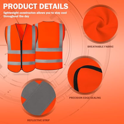 CHGANG Safety Vest, Reflective Hi Vis Vest with Zipper, High Visibility vest for Construction, Traffic - color: Orange
