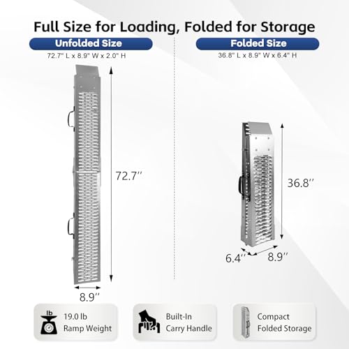 Folding Motorcycle Loading Ramp for Pickup Truck & Trailer, 485 lb Steel Ramp with 2 Dual-Hook Ratchet Straps, Carry Handle and Locking Latch, Dirt Bike Ramp, 72.7" x 8.9", 1 Pack - size: Perforated Surface - 1 Pack - 485 lb